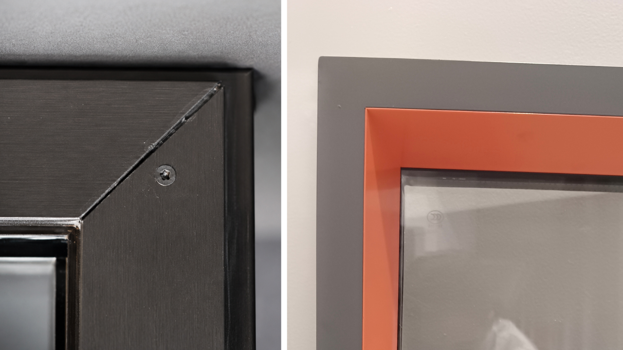 Jointless aluminium windows corner compared to standard screwed joint by Ostenta Decor